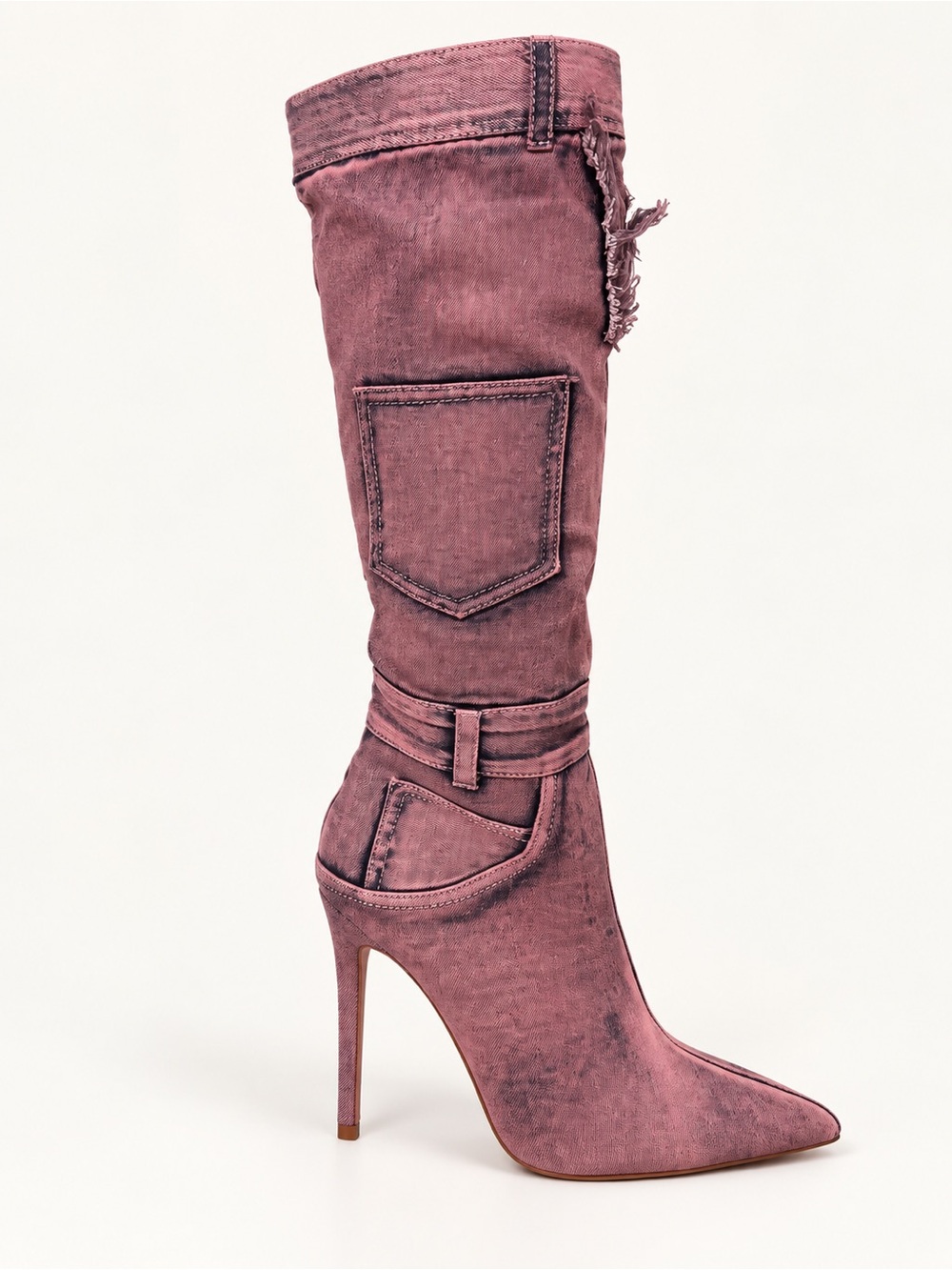 Mauve / Dusty Pink Distressed Denim Knee High Stiletto Boots – Pointed To